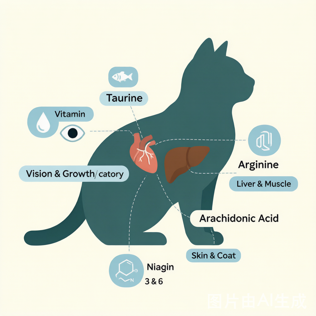 Cat anatomy diagram showing essential nutrient requirements: taurine for heart, arginine for liver, vitamin A for vision, arachidonic acid for skin, niacin for cellular energy