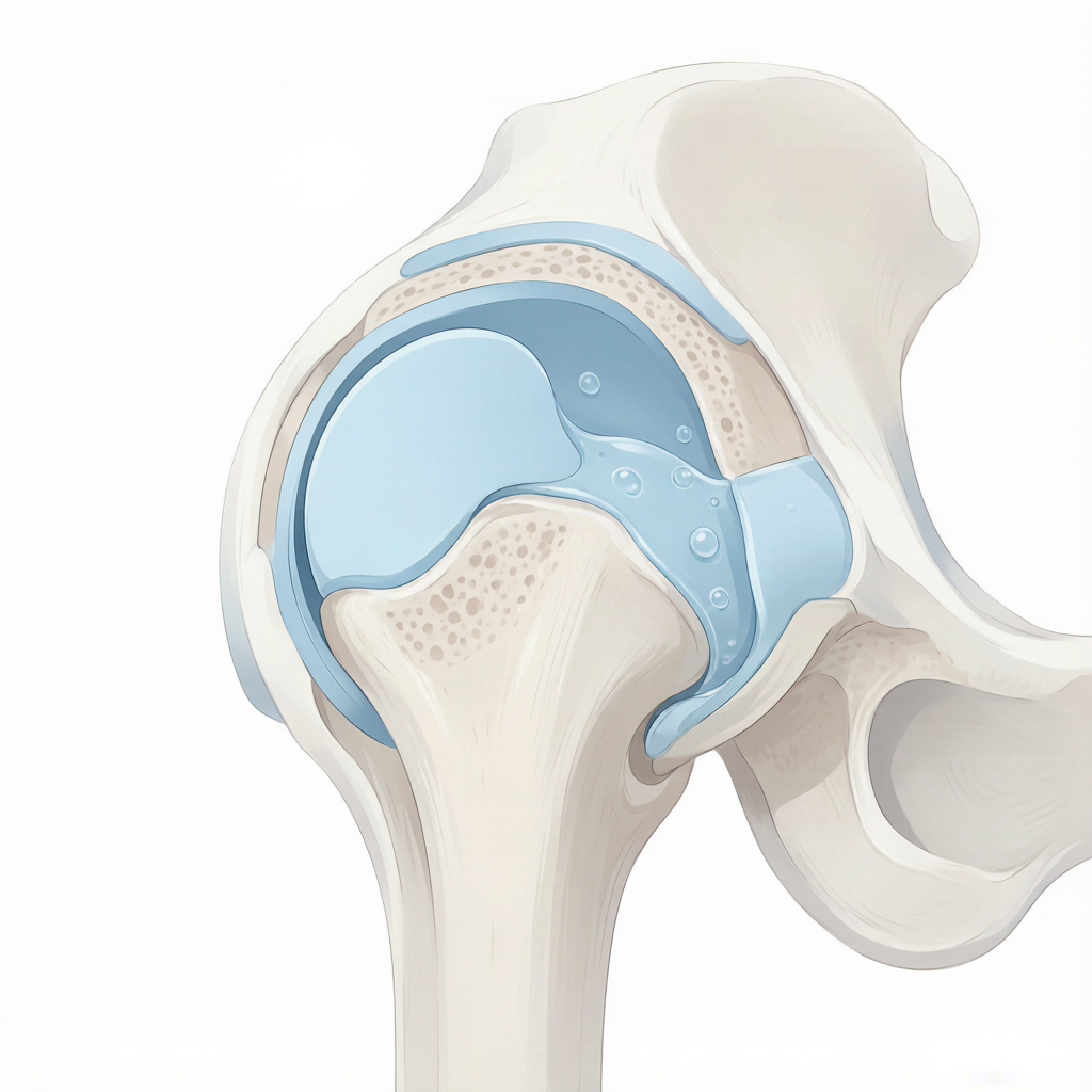 Cross-section medical illustration of a healthy dog hip joint showing cartilage, synovial fluid, and bone structure for joint health and glucosamine education