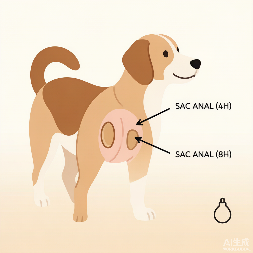 Anatomical diagram showing dog anal gland sac locations at four and eight o'clock positions