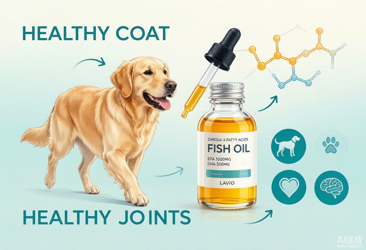 Fish oil bottle with EPA and DHA omega-3 fatty acids for dog health benefits